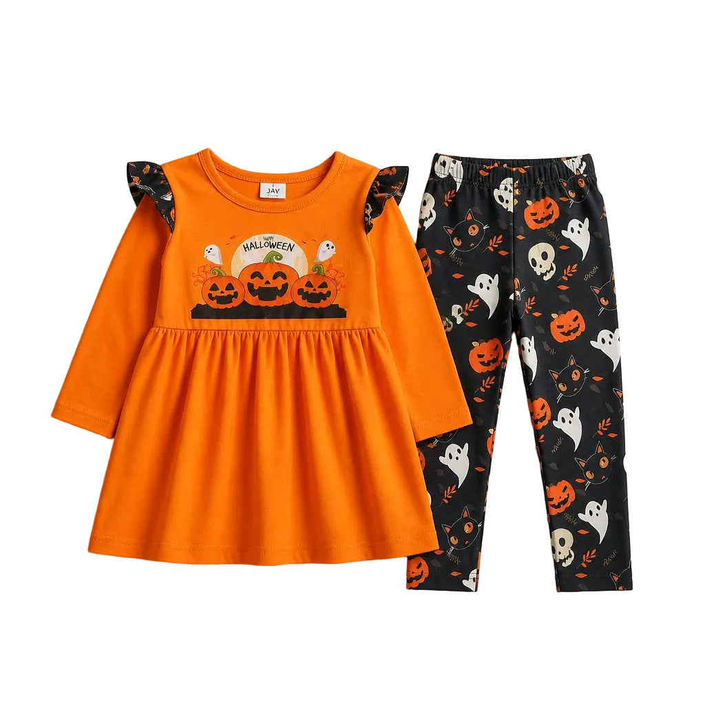 Halloween-themed children's outfit with orange dress and black pants on a gray background