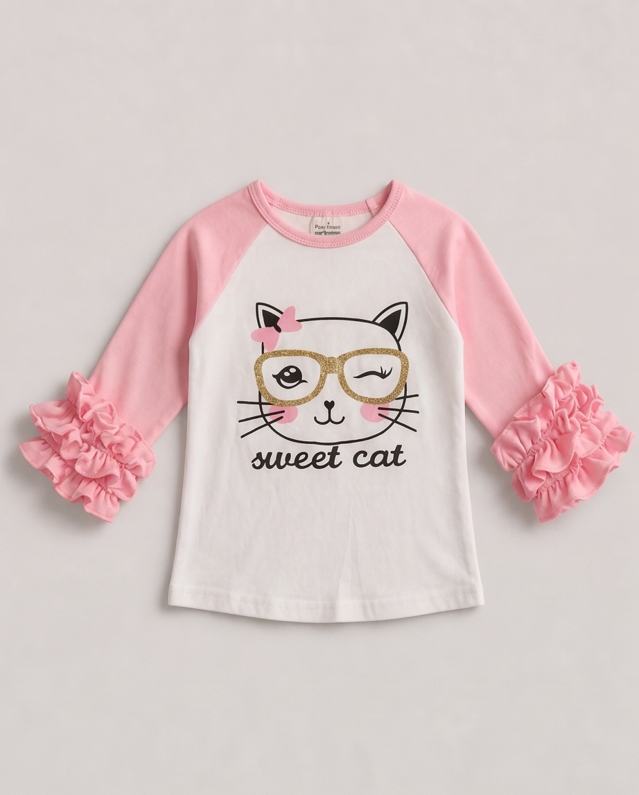 A children's long-sleeve raglan shirt with a white body, pink sleeves, and pink ruffled cuffs. The front features an embroidered cat face wearing gold glasses with a pink bow and the text 'sweet cat'.