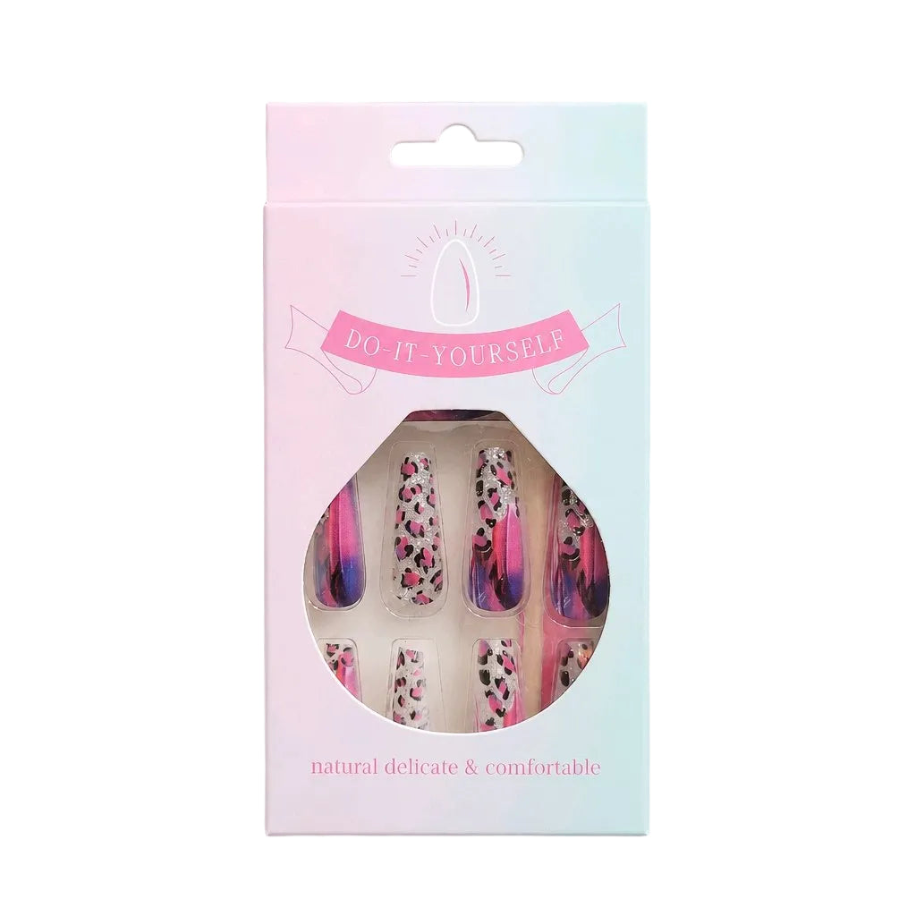 Packaged nail art with leopard print design on a gradient pink and blue background