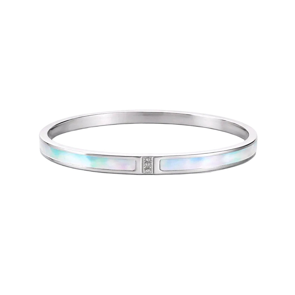 Silver bracelet with a central gemstone on a white background