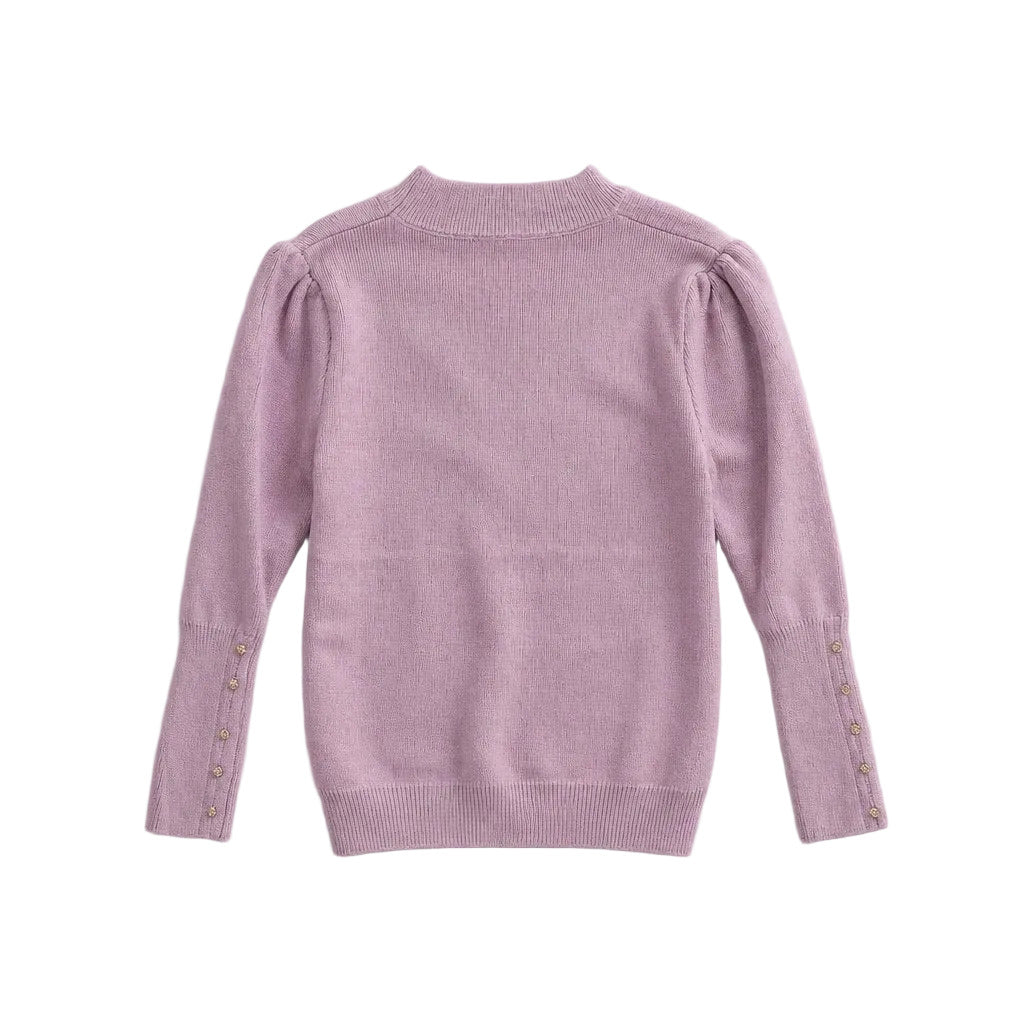 A light purple knit sweater shown from the back, featuring long sleeves with decorative gold-tone buttons down the cuffs and a ribbed crew neck, cuffs, and hem, laid flat on a light gray textured background.