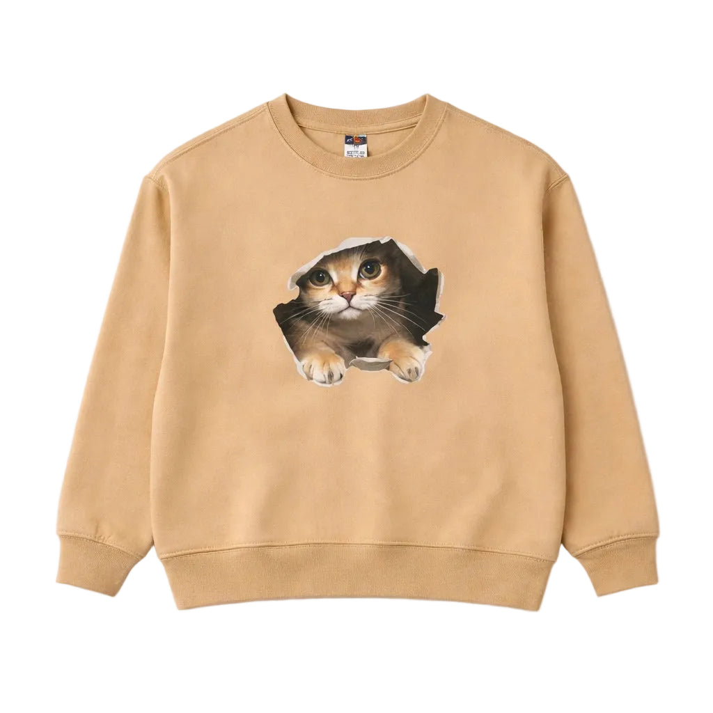 Beige sweatshirt with a cat design on a white background
