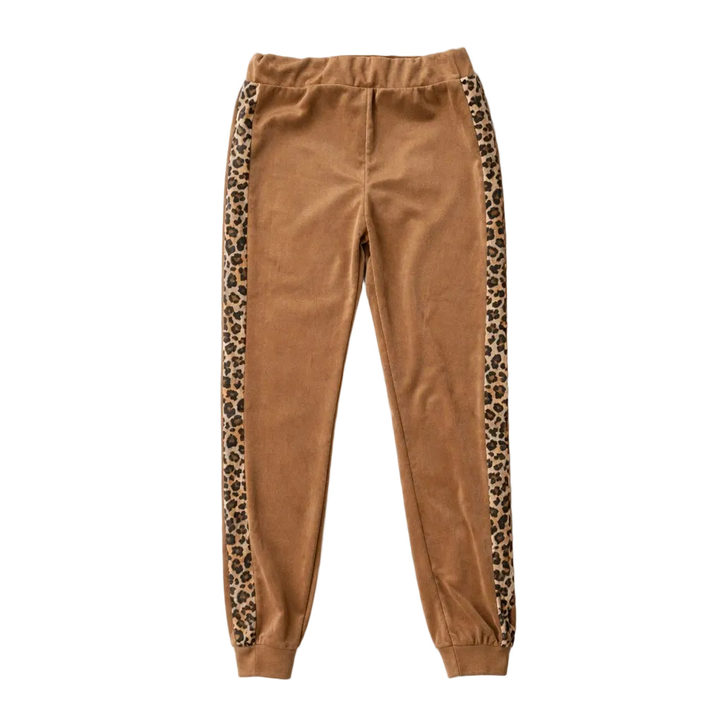 Brown sweatpants with leopard print side panels on a white background