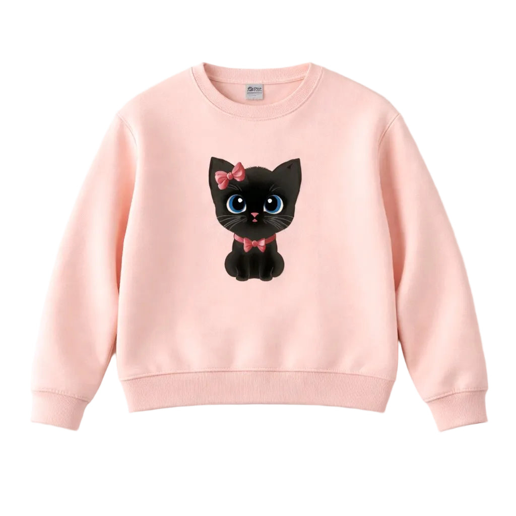 Pink sweatshirt with a black cat design on a white background