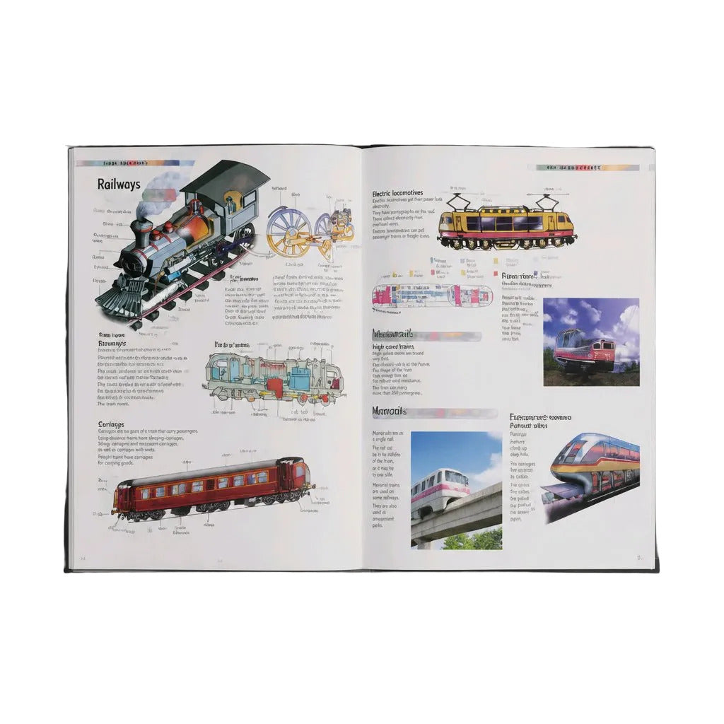 An open book displaying educational pages about different types of railways, including vintage steam locomotives, modern electric trains, and diagrams of parts, photographed on a neutral light gray background.
