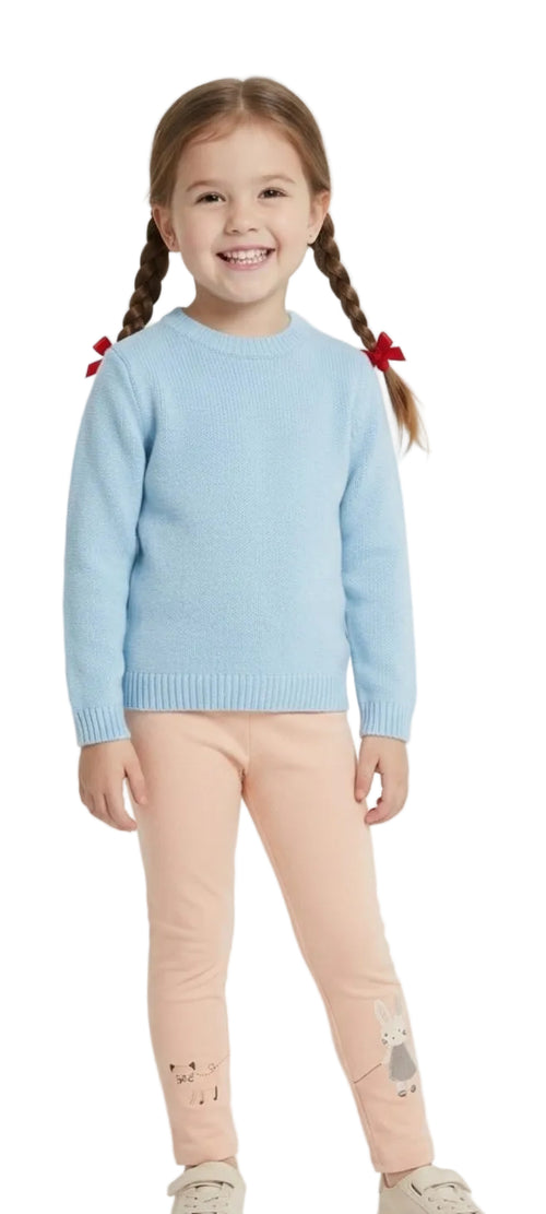 Young girl wearing a light blue sweater on a white background with 'arvin' branding.
