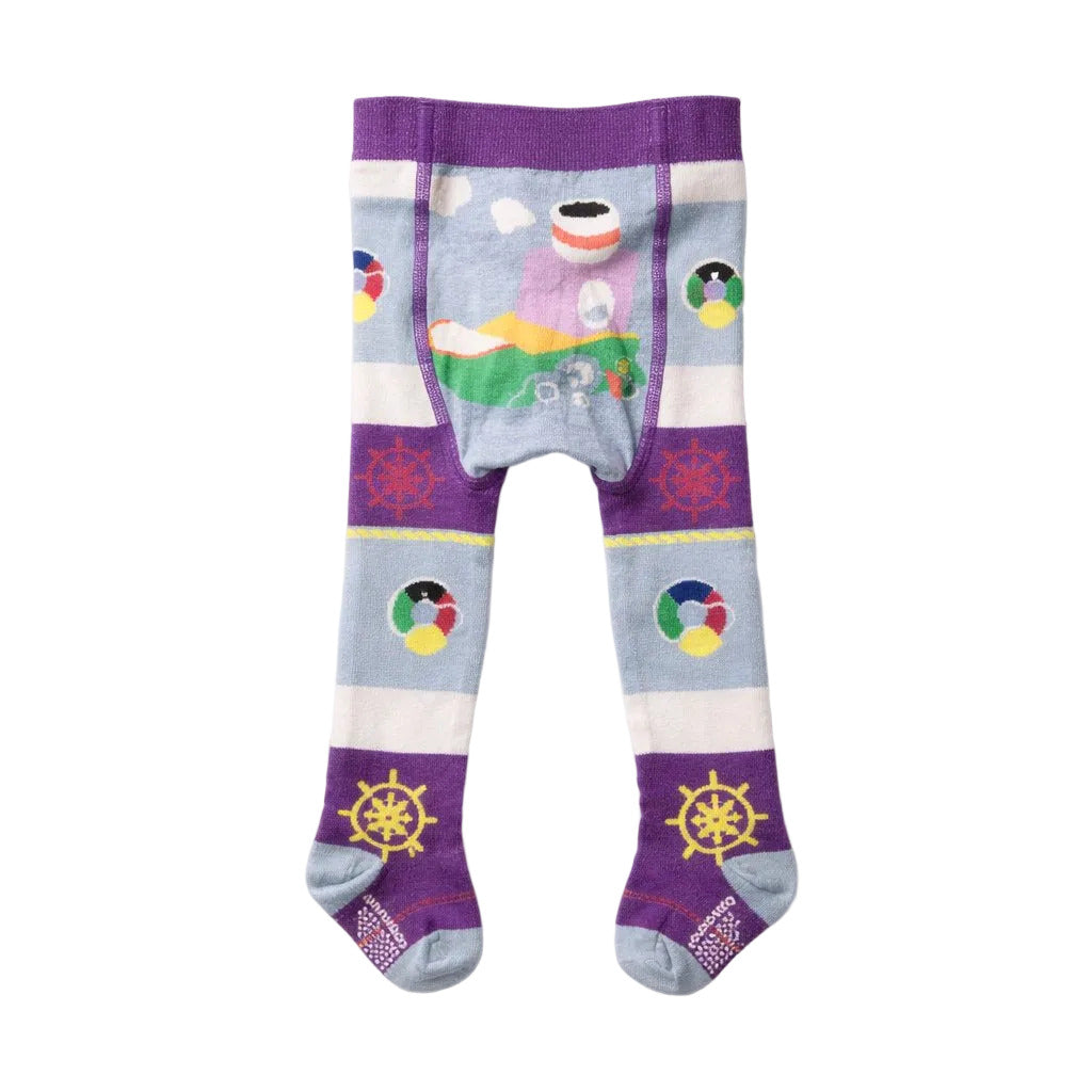 Colorful children's tights with cartoon character and patterns on a white background