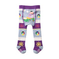 Colorful children's tights with cartoon character and patterns on a white background