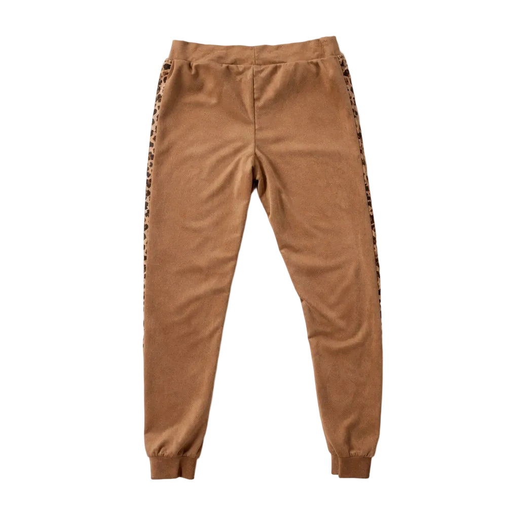 Brown jogger pants with side stripes on a white background