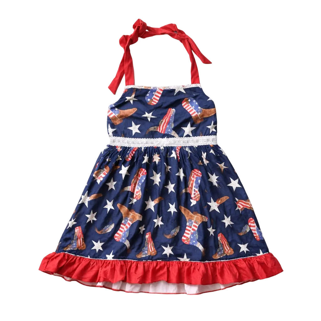 Children's dress with American flag and cowboy boot pattern on a white background