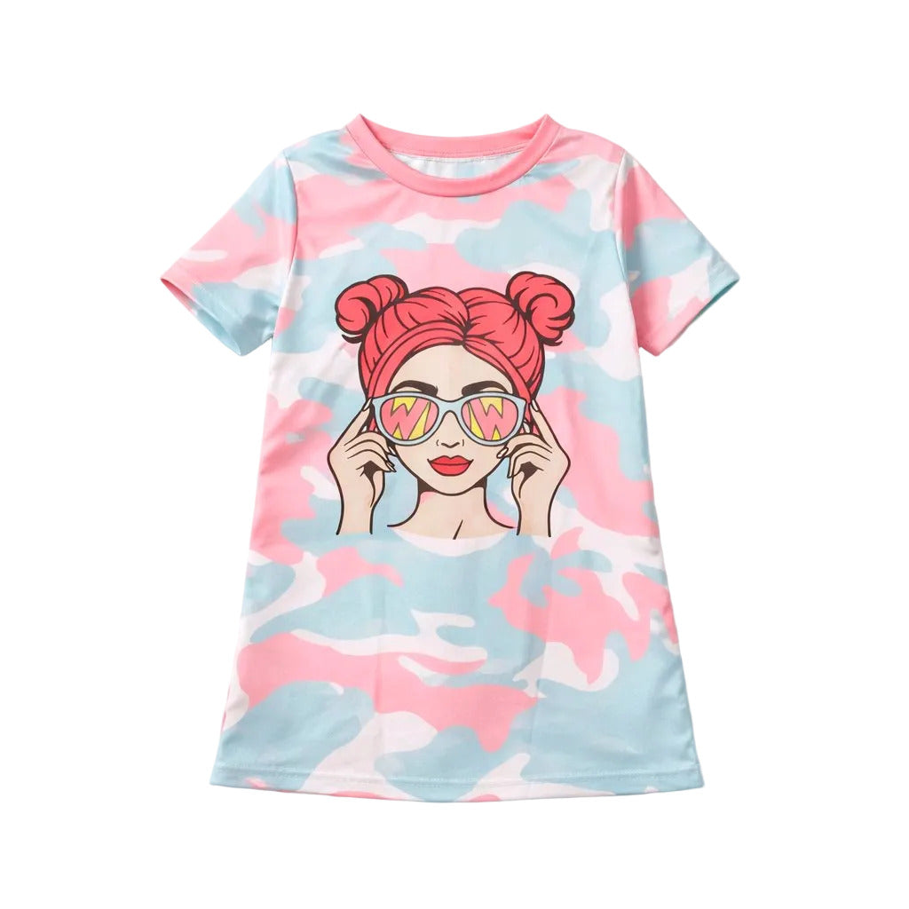 Dress with a colorful design of a woman with a headband and sunglasses on a white background