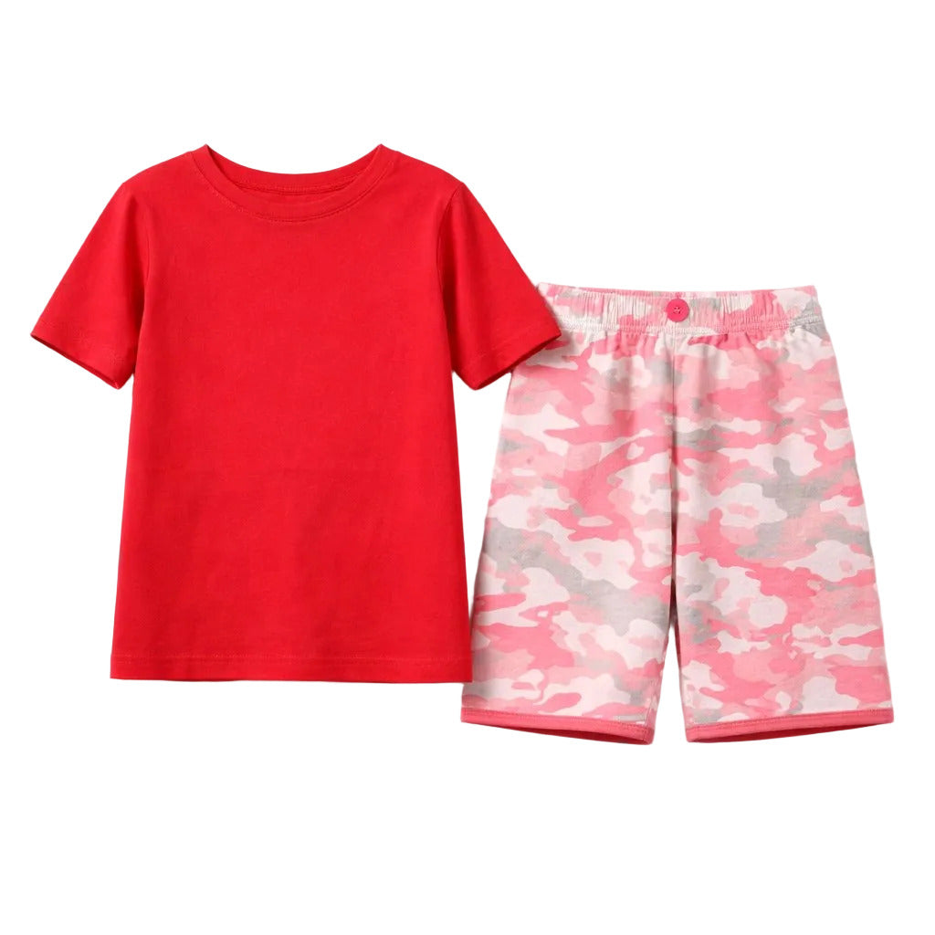 Red t-shirt and pink camouflage shorts on a white background