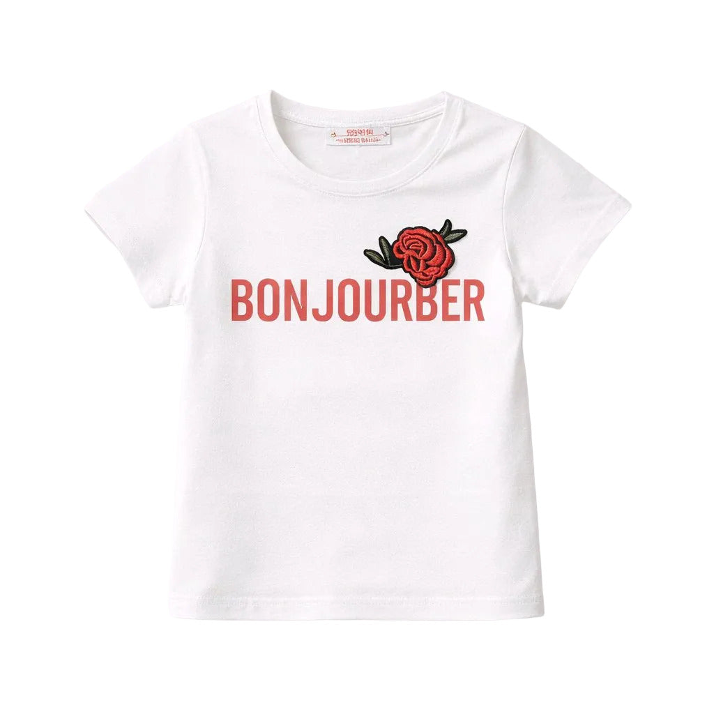 White t-shirt with red rose and 'Bonjour' text on a white background