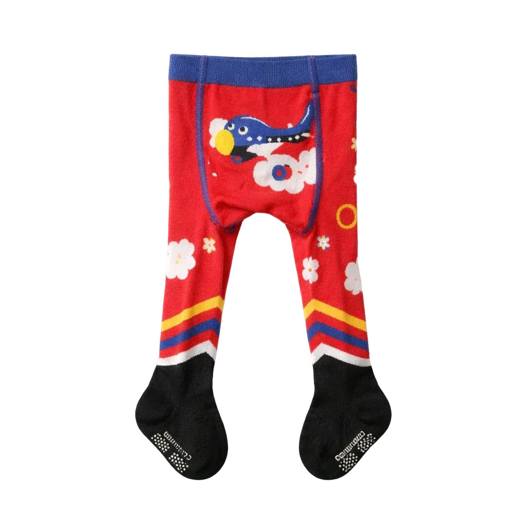 Red children's leggings with a blue dinosaur design on a white background