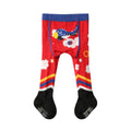 Red children's leggings with a blue dinosaur design on a white background