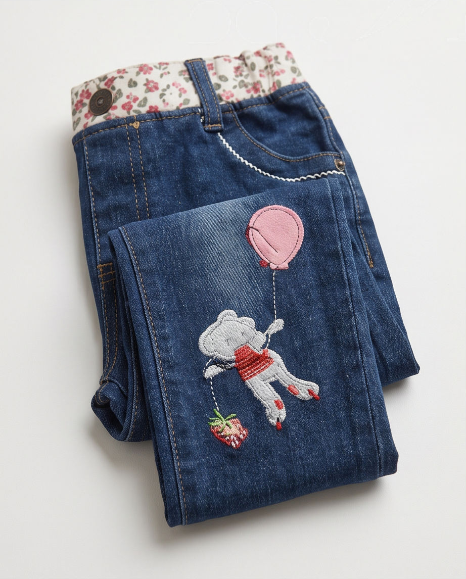 A pair of folded blue denim jeans with a floral patterned waistband, featuring a white embroidered bear holding a pink balloon and a strawberry patch on the front pocket.