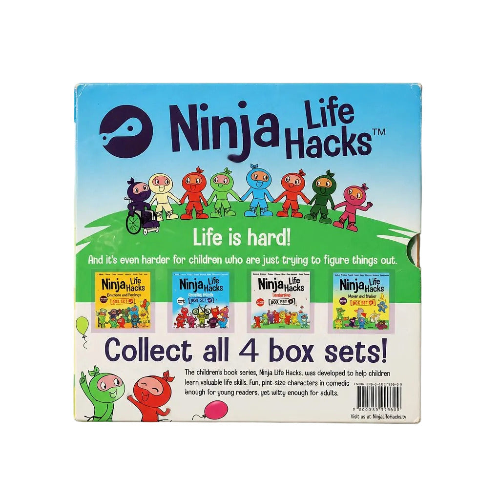 The back cover of the 'Ninja Life Hacks' book series box set, featuring colorful cartoon ninja characters, product titles, and a barcode on a light gray background.