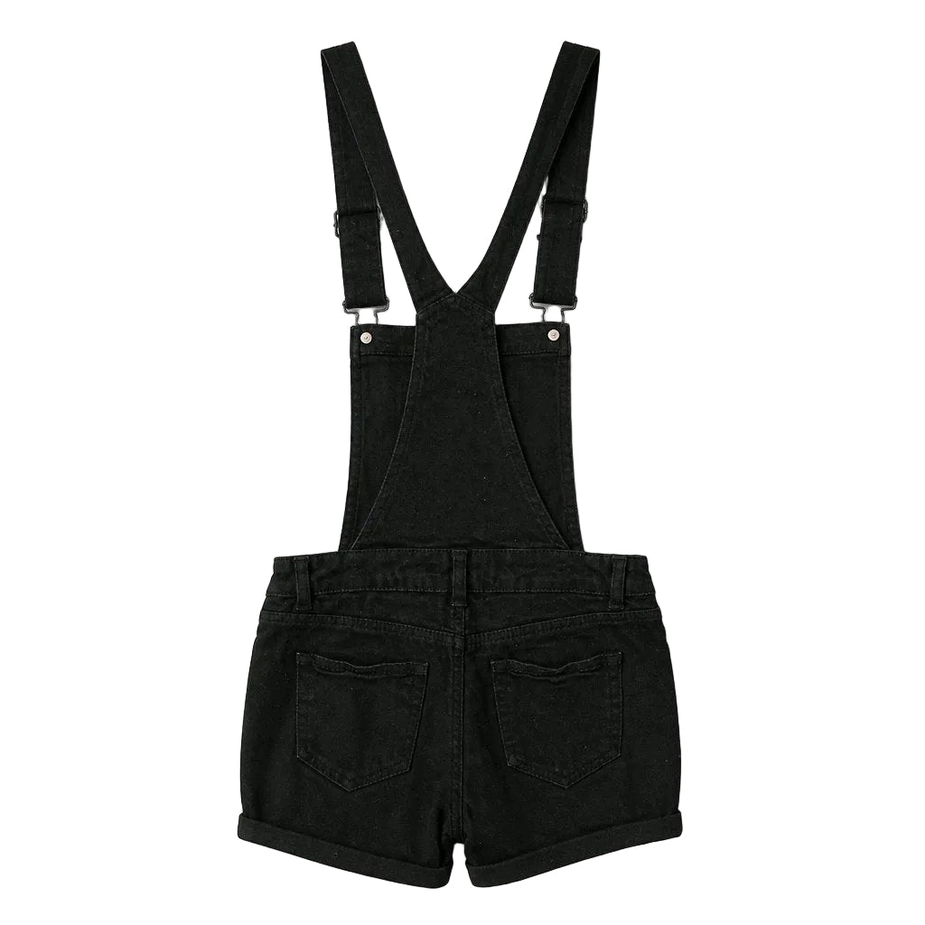 Black denim overalls with suspenders on a light gray background
