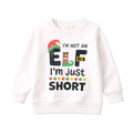 White sweatshirt with Christmas-themed text and graphics on a white background