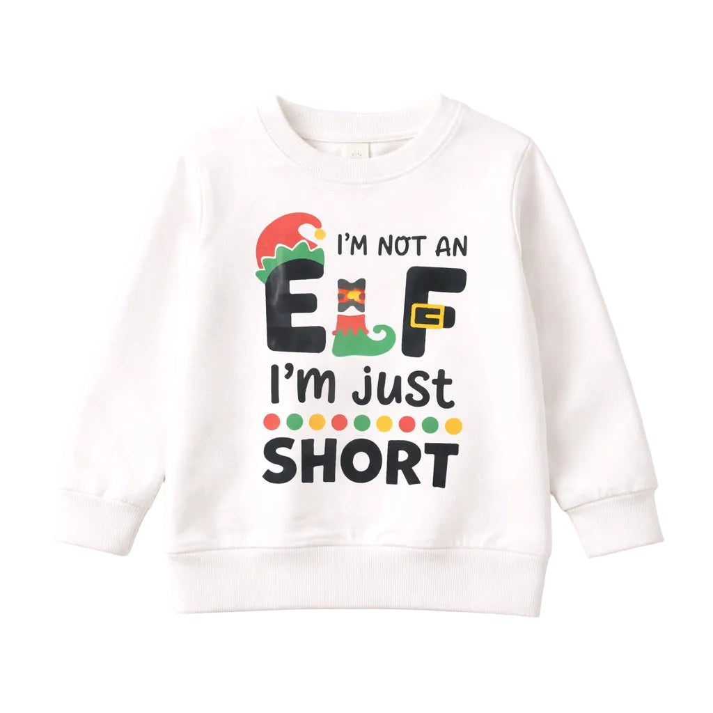 White sweatshirt with Christmas-themed text and graphics on a white background