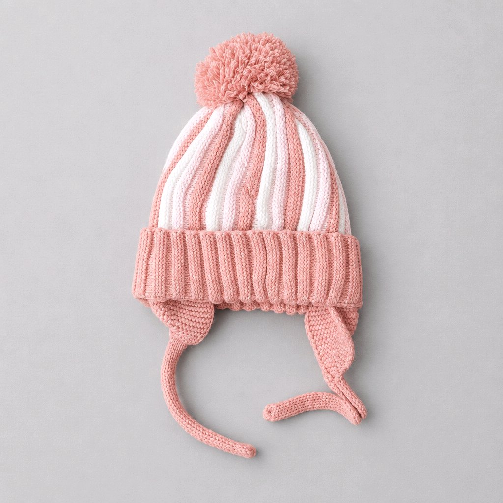 A pink and white striped knit baby hat with a pom-pom on top and ear flaps with ties, photographed on a neutral gray background.