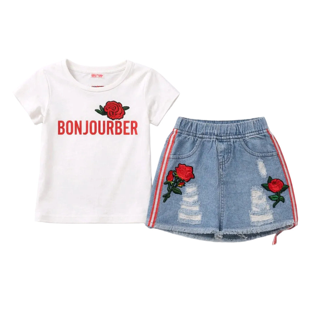 White t-shirt with 'Bonjourber' and red rose design, paired with denim shorts on a white background