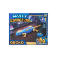 A boxed gecko climbing lizard RC model toy on a light gray background. The packaging is predominantly blue with yellow and orange text, featuring a photo of the blue and tan gecko on a dark wall.