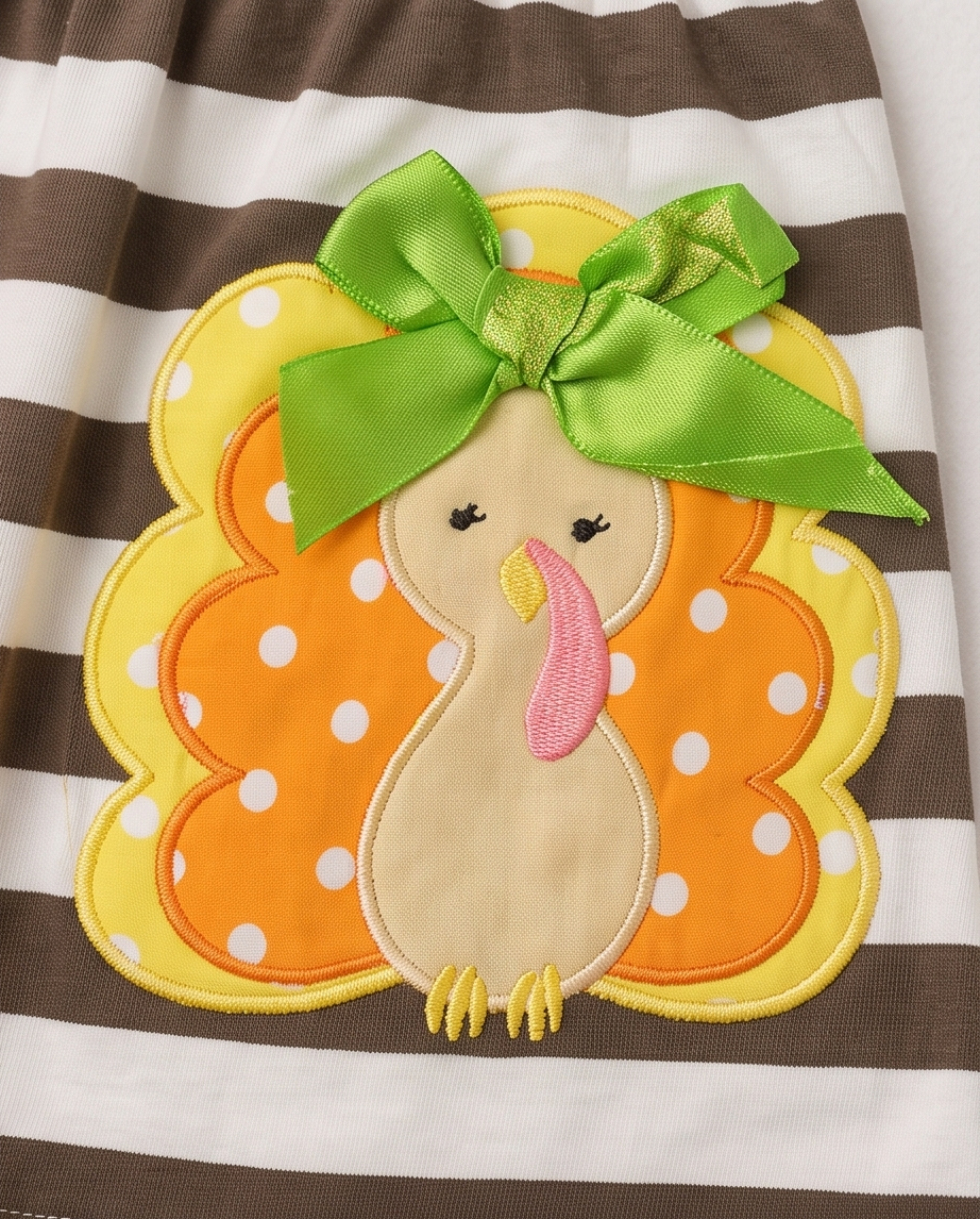 A close-up of a baby clothing item featuring a large applique of a turkey with a green bow on its back, set against a brown and white striped fabric background.
