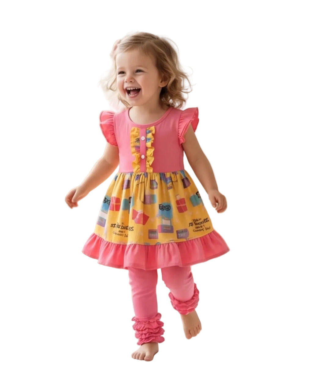 Child wearing a colorful dress and pink leggings in a room with wooden toys.