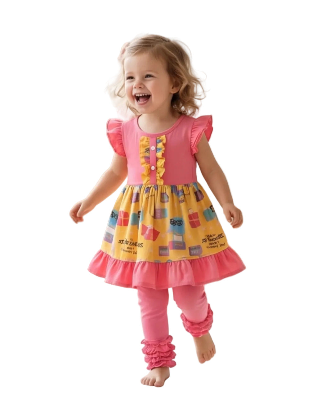 Child wearing a colorful dress and pink leggings in a room with wooden toys.