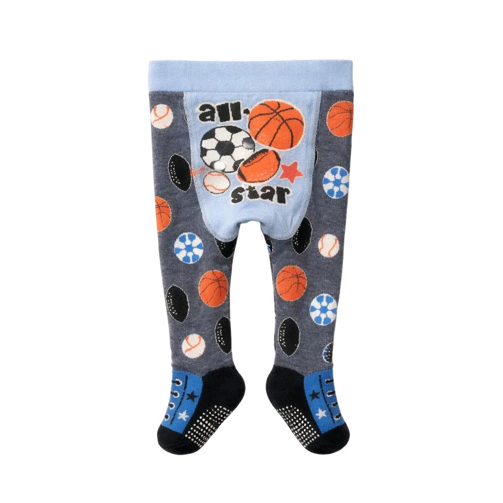 Children's tights with sports-themed design on a white background