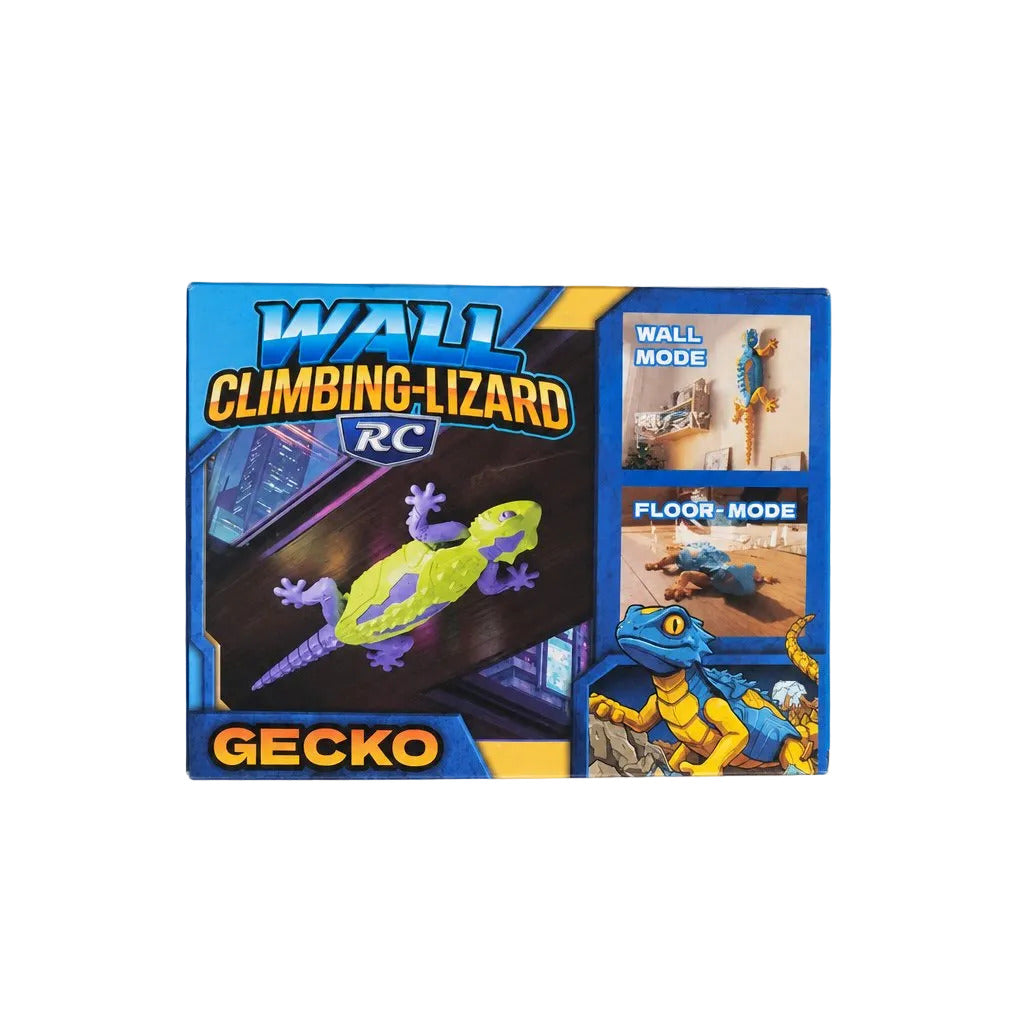 Gecko RC Climbing Lizard wall mode toy packaging box, featuring a green and purple lizard illustration on a blue and black background, photographed on a neutral gray surface.