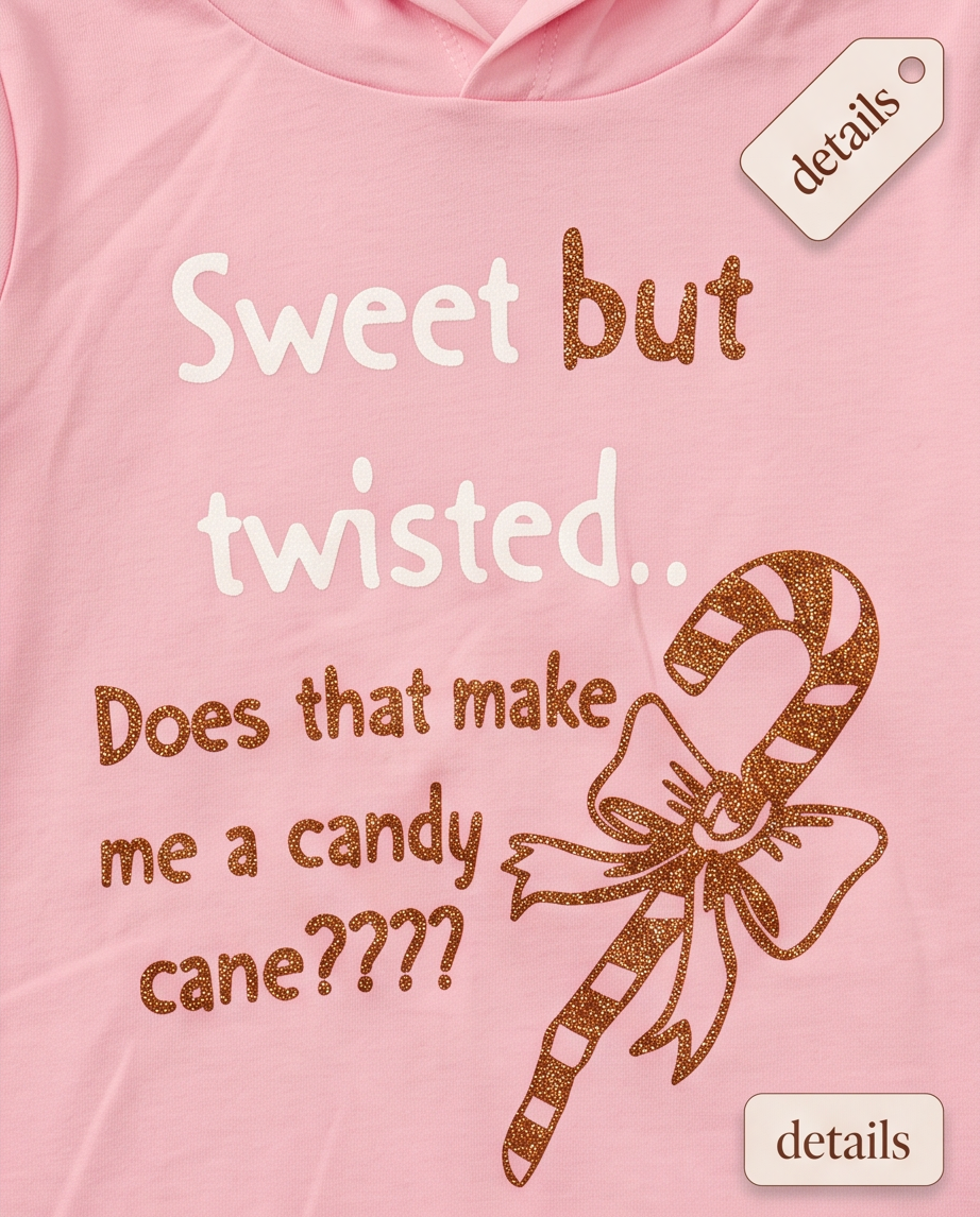 A close-up of a light pink graphic t-shirt featuring the text 'Sweet but twisted.