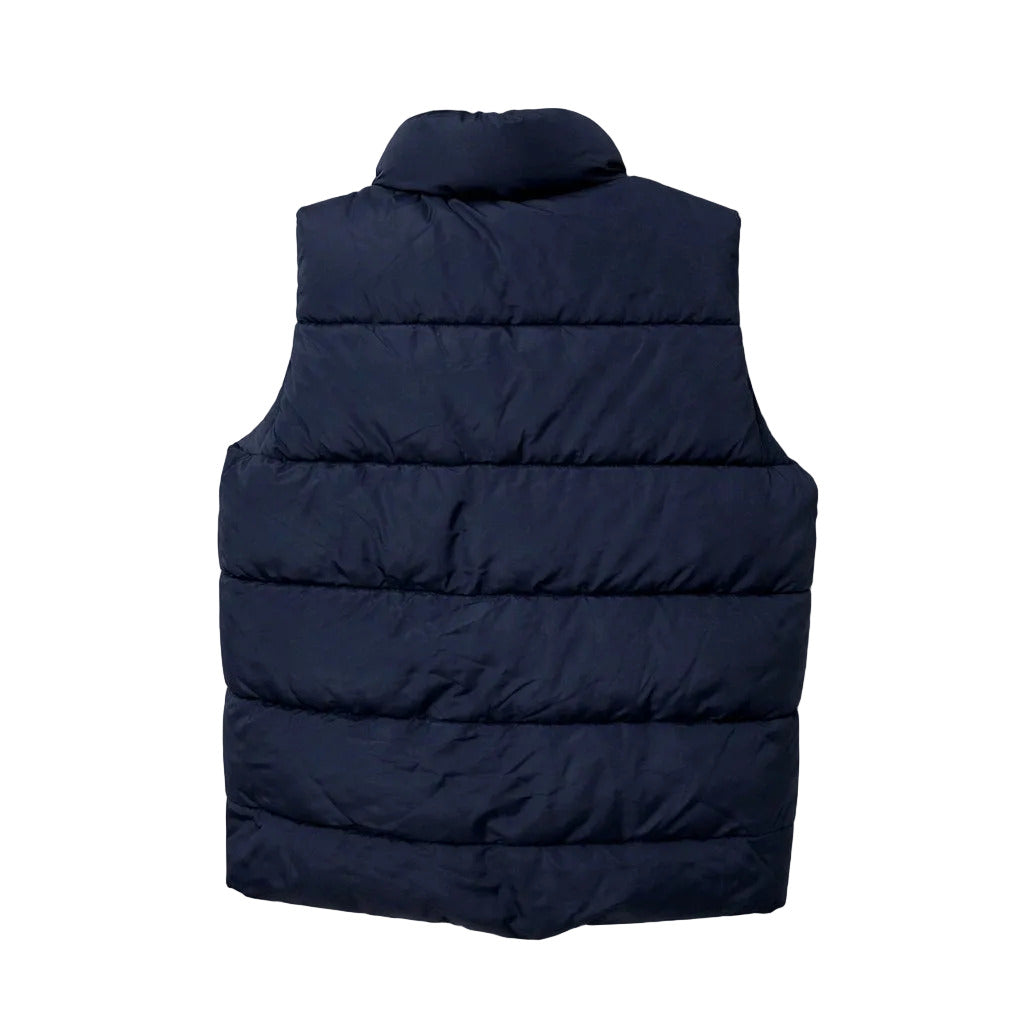Navy puffer vest on a white background