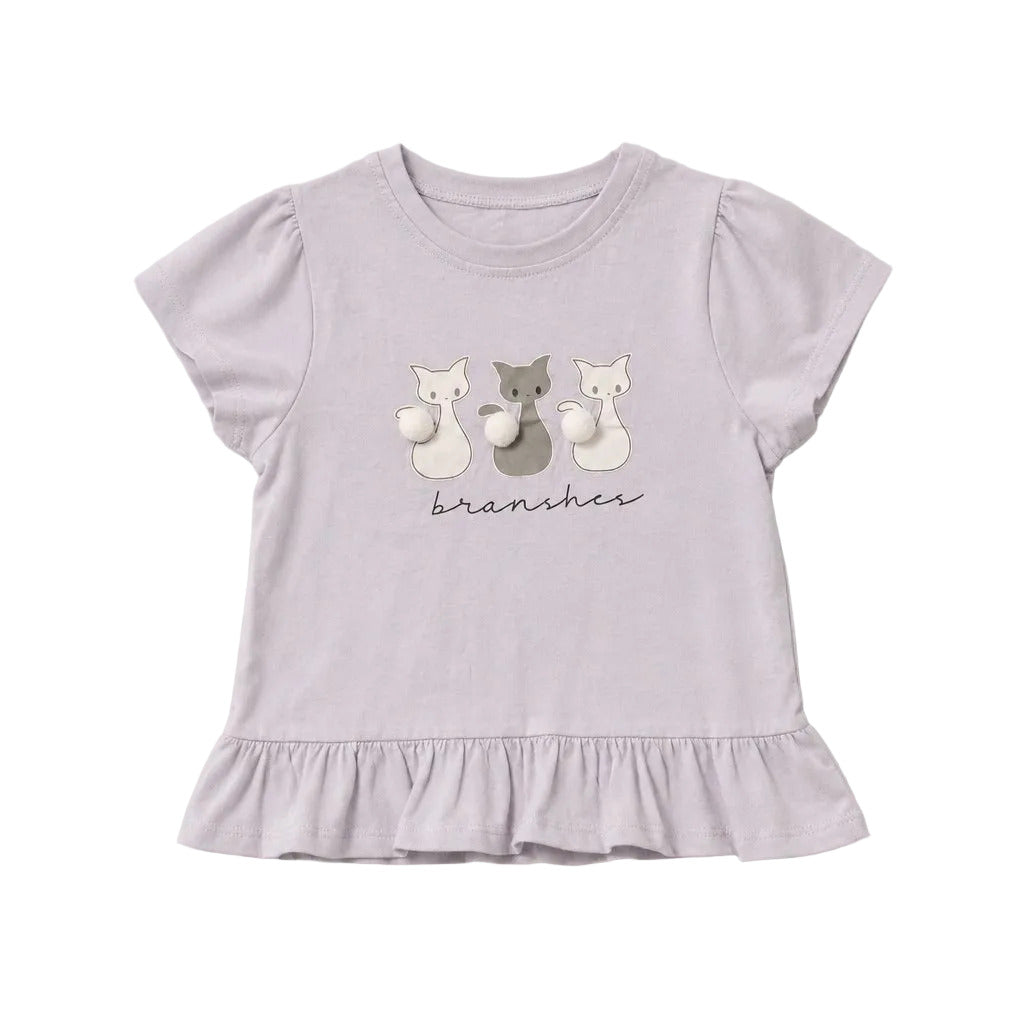 Lavender t-shirt with cat illustrations and 'branches' text on a light gray background