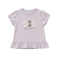 Lavender t-shirt with cat illustrations and 'branches' text on a light gray background