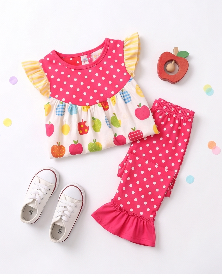 Children's outfit with polka dot top, apple-patterned pants, and white sneakers on a light background.