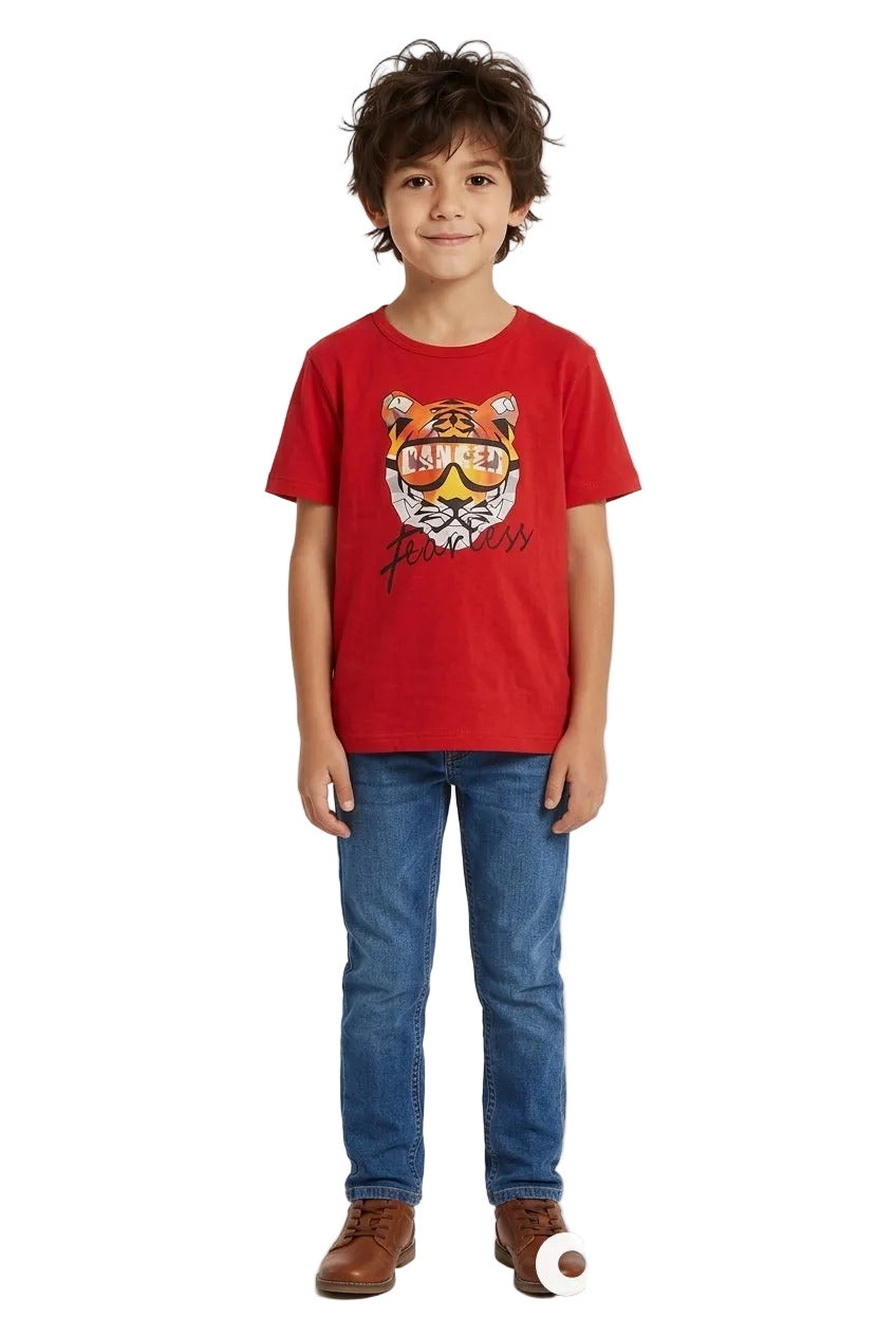 Child wearing a red t-shirt with a tiger graphic and blue jeans on a white background, featuring the brand 'arvin'.