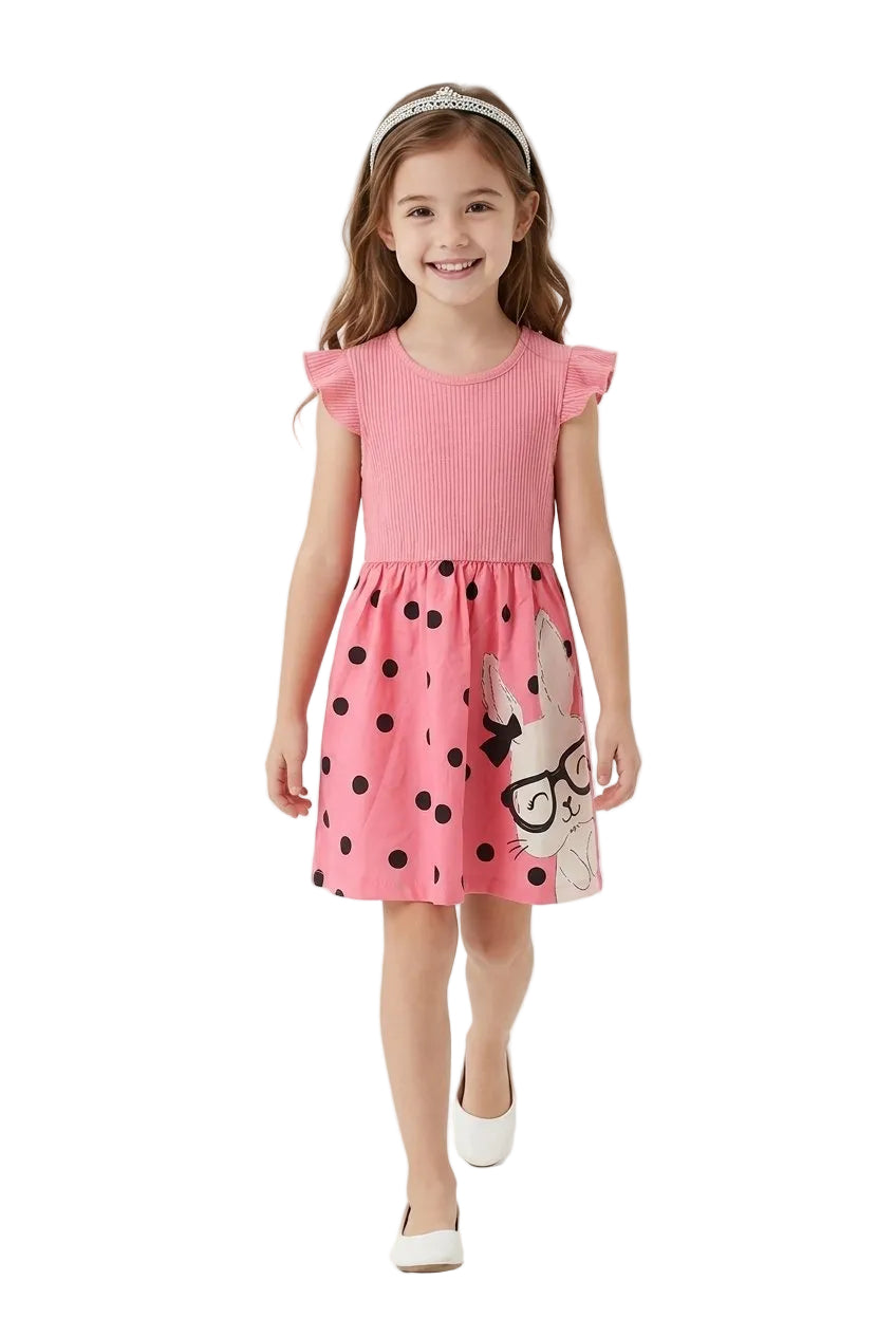 Young girl wearing a pink dress with a easter bunny design, standing against a white background.