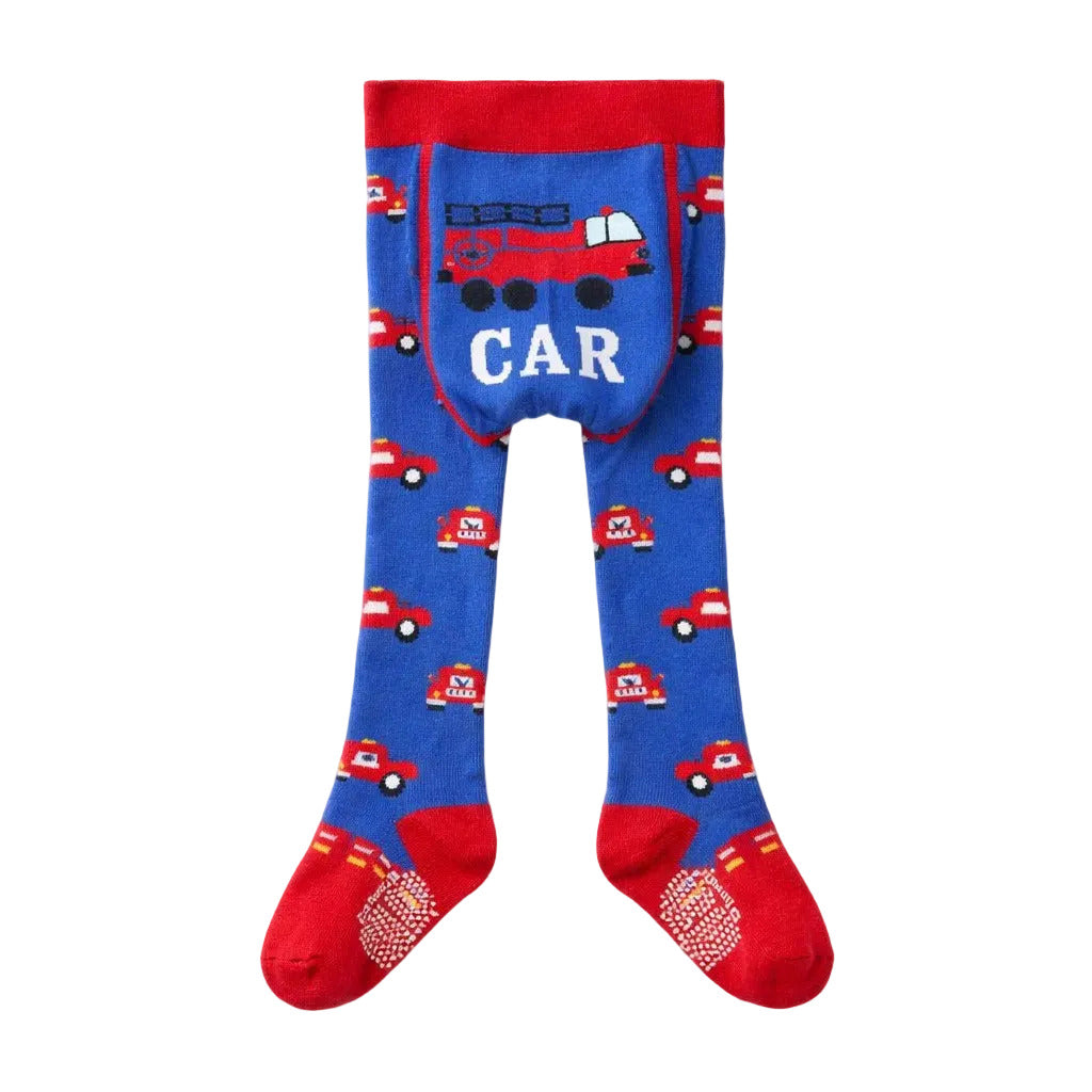 Blue tights with red cars and 'CAR' text on a white background