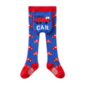 Blue tights with red cars and 'CAR' text on a white background