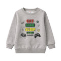 Gray sweatshirt with gaming-themed text and graphics on a white background
