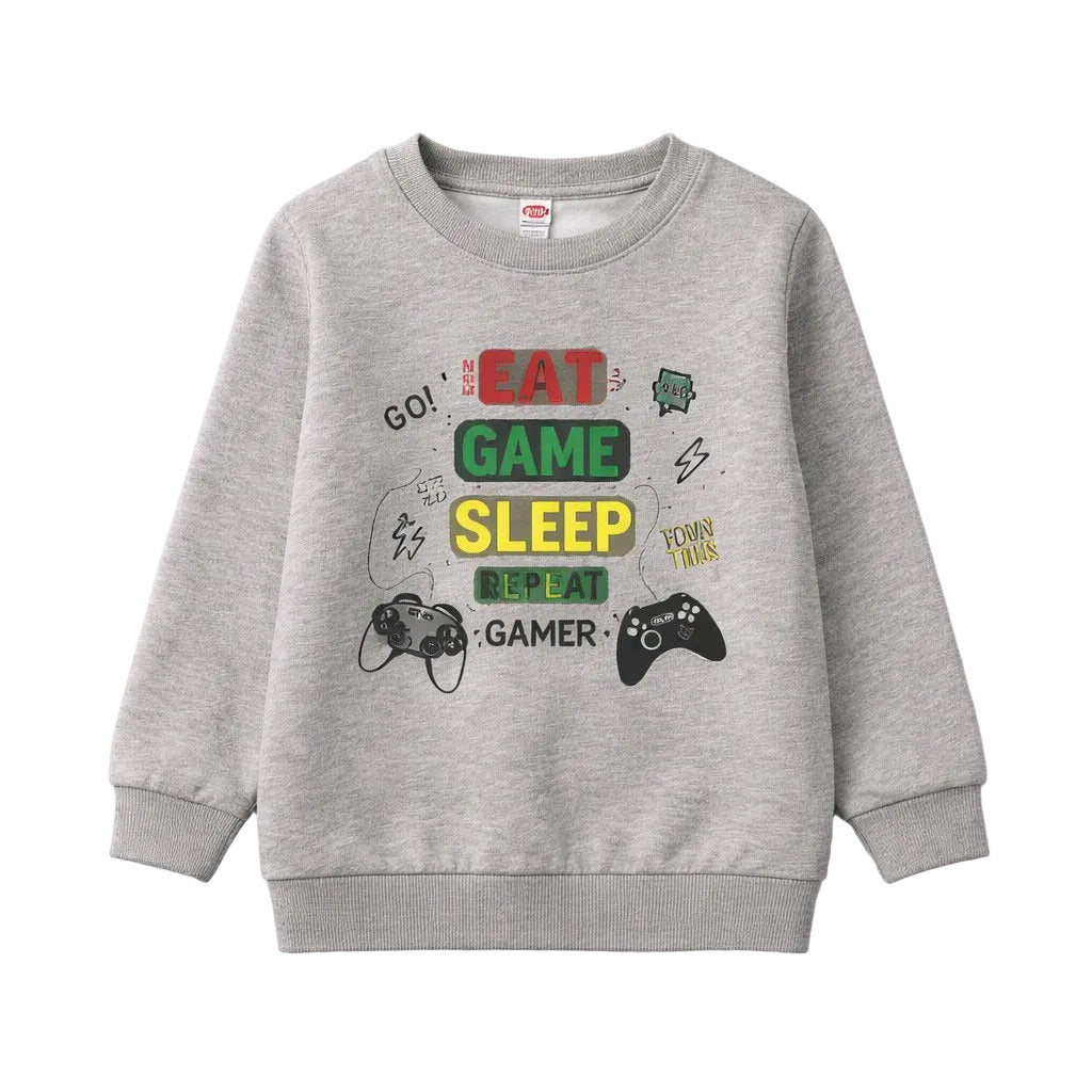 Gray sweatshirt with gaming-themed text and graphics on a white background