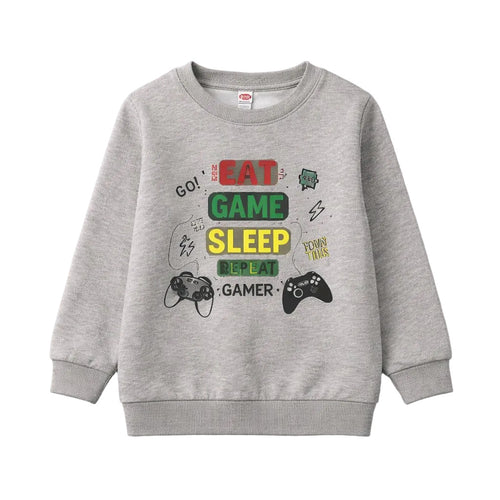 Gray sweatshirt with gaming-themed text and graphics on a white background