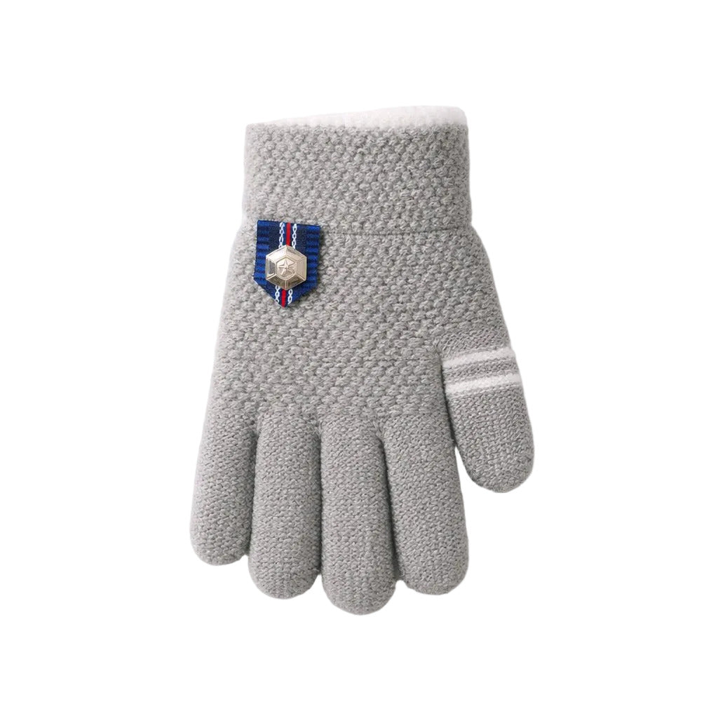 Gray knit glove with decorative patch on a white background