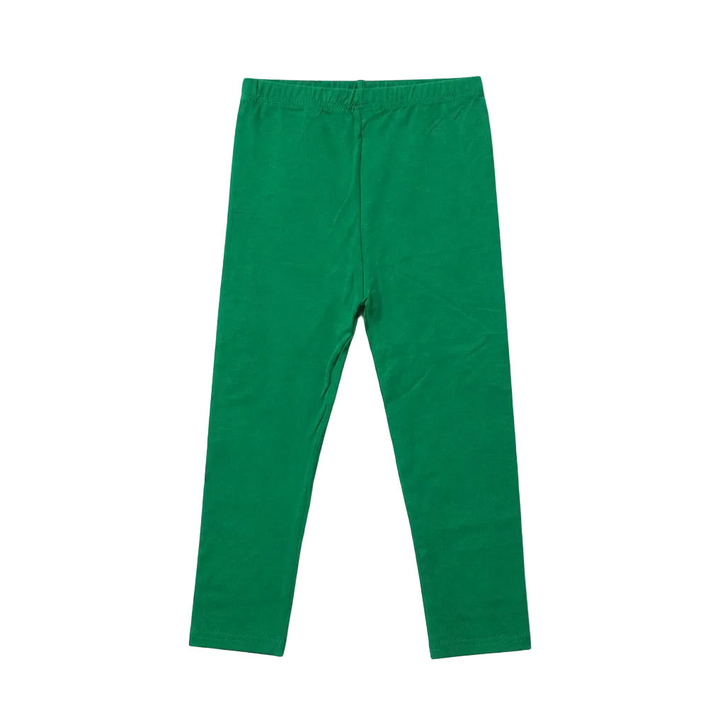 A pair of solid green children's leggings laid flat on a light gray background.