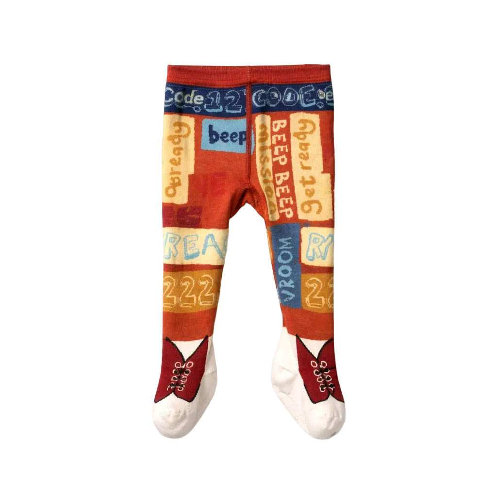 Colorful children's tights with text and patterns on a white background