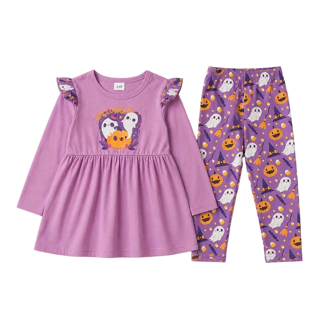 Purple Halloween-themed dress and leggings set on a light gray background