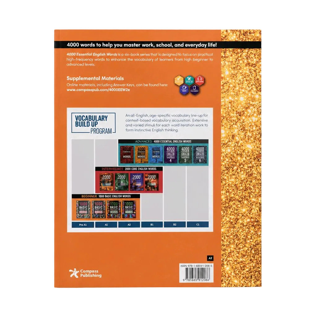 The back cover of a book titled '4000 Essential English Words' by Corpus Publishing, featuring an orange background, a gold glittery vertical stripe on the right, and a 'Vocabulary Build Up Program' chart in the center.