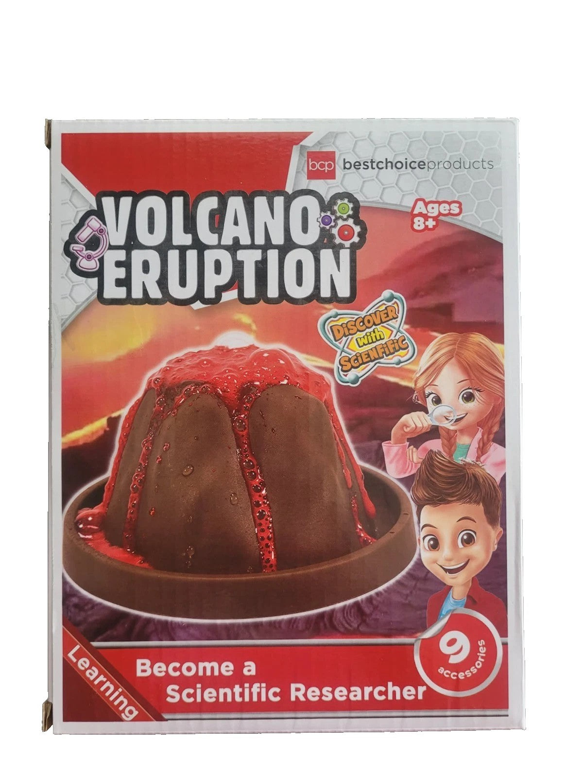 Volcano eruption stem kit packaging with children's illustration and text on a white background